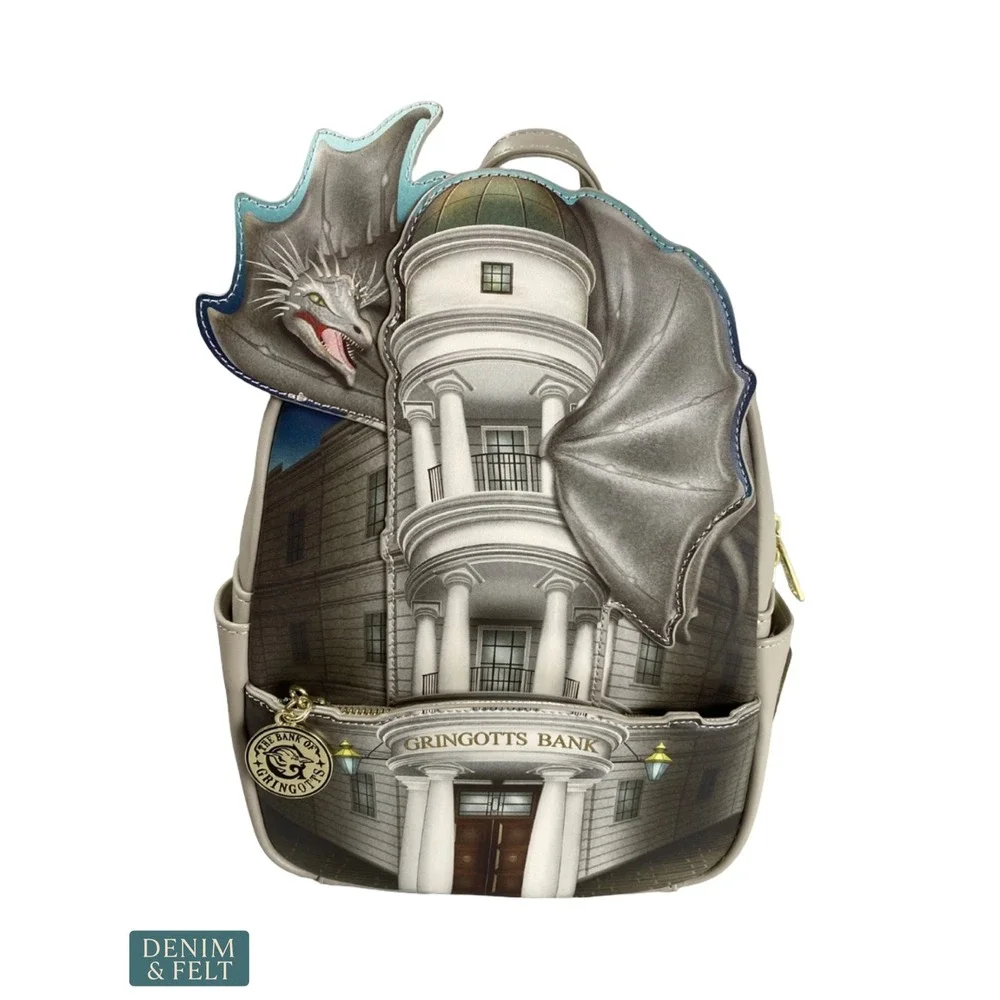 NEW Loungefly Harry Potter Gringotts Bank and Dragon Mini Backpack Leather Grey